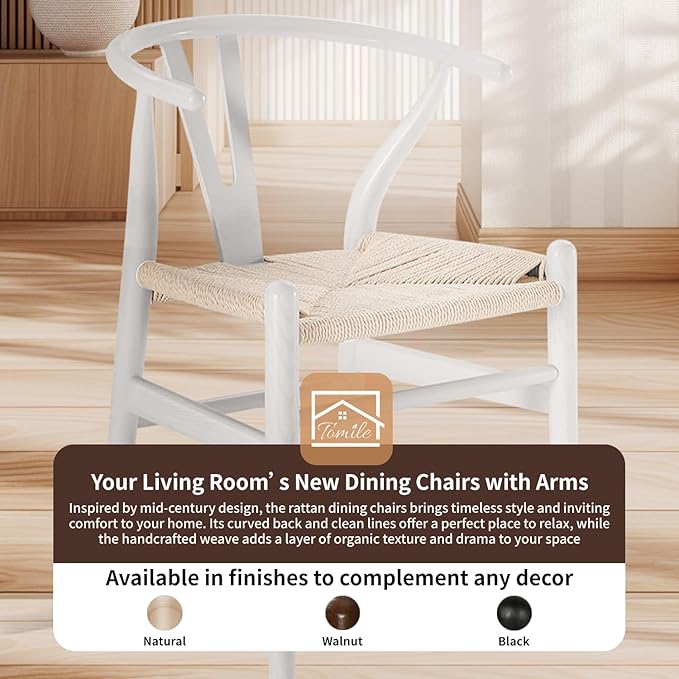 Tomile Wishbone Chair Y Chair, Wooden Dining Chairs Set of 2, Mid Century Modern Chairs with Arms, Solid Wood Weave Seat Kitchen & Dining Room Chairs (Ash Wood - White)