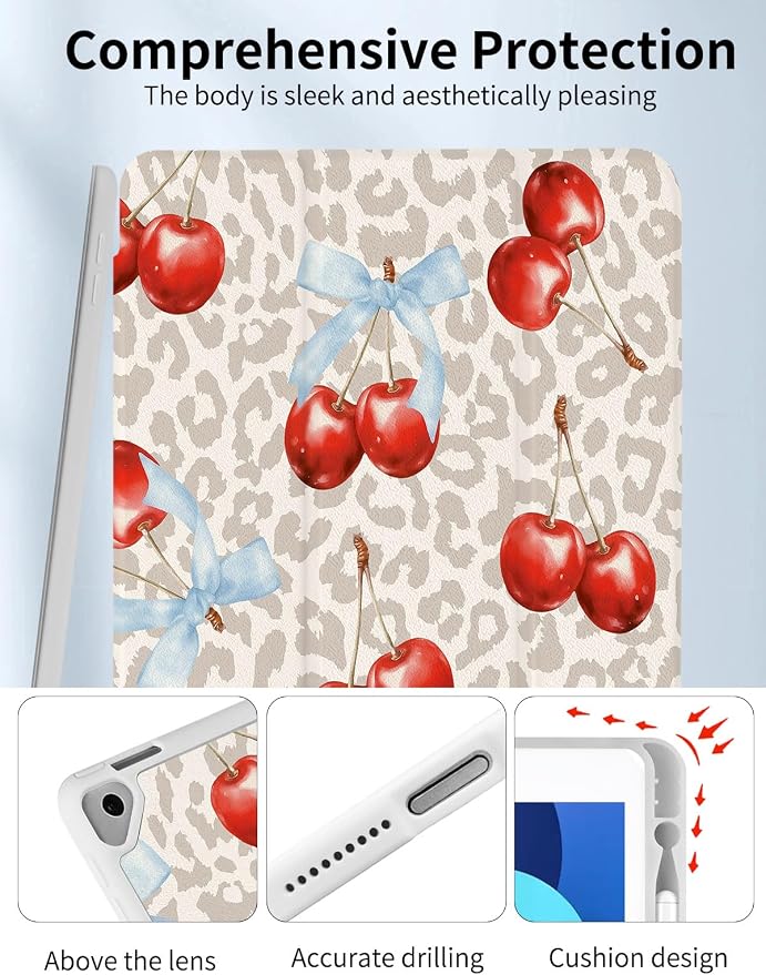 Case for iPad 9th/ 8th/ 7th Generation Case 10.2&amp10.5 Inch (2021/2020/2019 Release) Slim Lightweight Soft Trifold Back Cover with Pencil Holder &amp Auto Sleep/Wake Cover Cherries Cheetah Bows