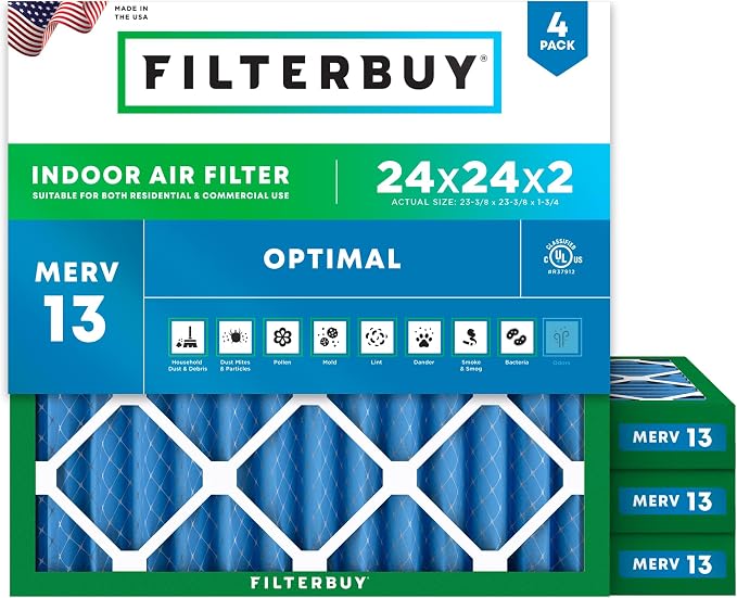 Filterbuy 24x24x2 Air Filter MERV 13 Optimal Smoke & Allergy Defense,