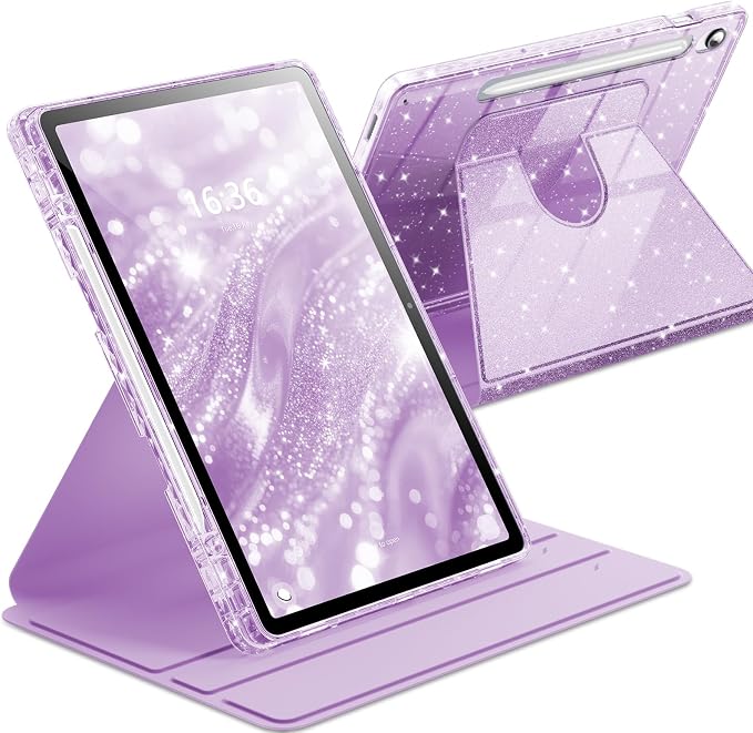 INFILAND Rotating Case for Samsung Galaxy Tab S10 FE/ S9 FE 5G 10.9 Inch/Tab S9 11 Inch 360 Cute Glitter Cover with Clear Back S Pen Holder for Girls Kids Woman (Black)