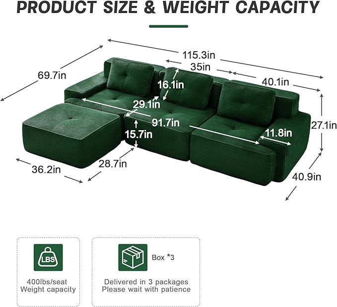 115" Modern Compressed Boneless Couch with Ottoman, 3 Seater Large L Shaped Sectional Couches for Living Room, Green Corduroy Cloud Modular Sectional Sofa, Memory Foam, Extra Deep, No Assembly