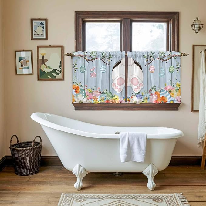 Easter Kitchen Tier Curtains 24 Inch Long 2 Panel Set, Rod Pocket Cafe Small