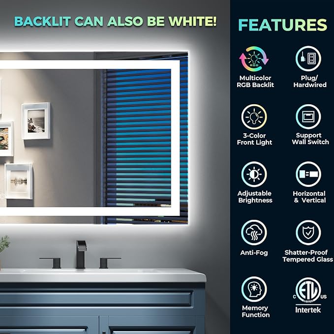 YEELAIT 88x38 Inch RGB LED Bathroom Mirror Front Lit and RGB Backlit Lighted Vanity Mirror for Bathroom Wall Dimmable Anti Fog Memory Shatter-Proof IP54 Waterproof Horizontal/Vertical