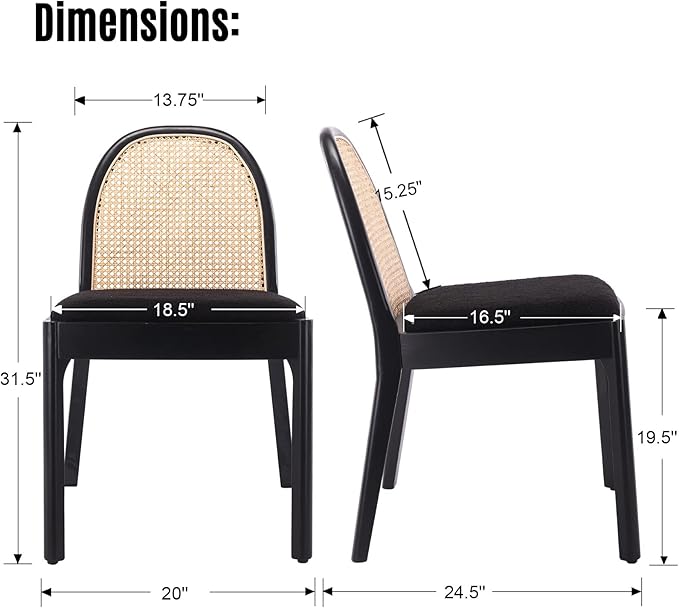 LukeAlon Modern Sherpa Dining Chairs Set of 8, Natural Woven Rattan Cane Back Side Chairs with Solid Wood Legs Mid Century Dinner Chairs for Kitchen Living Room, Black