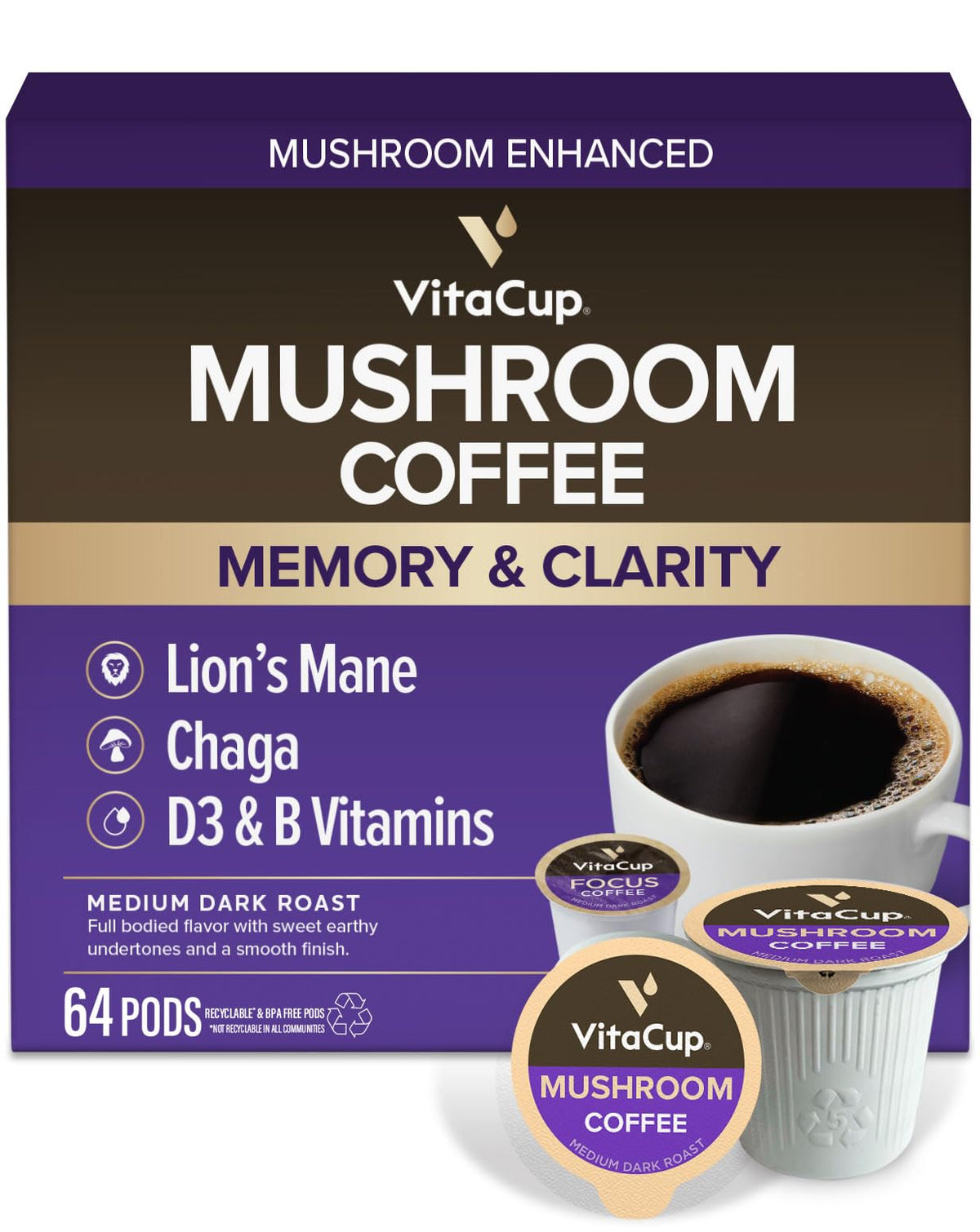VitaCup Mushroom Coffee Pods, with Lions Mane for Memory & Clarity, 16ct