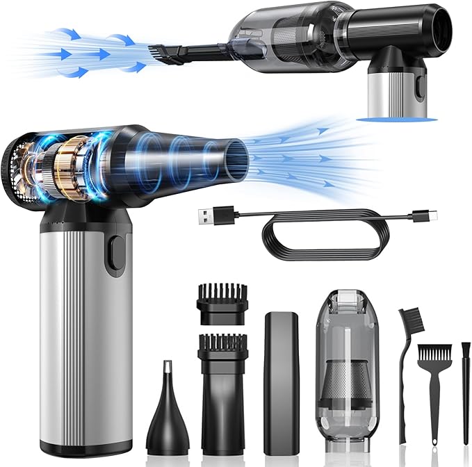 Compressed Air Duster, 2-in-1 Air Duster & Vacuum with 320000RPM Brushless Motor, Electric Air Duster Rechargeable, 3-Gear Adjustable Air Blower for Keyboard, Computer, Car, Home, Outdoor Cleaning