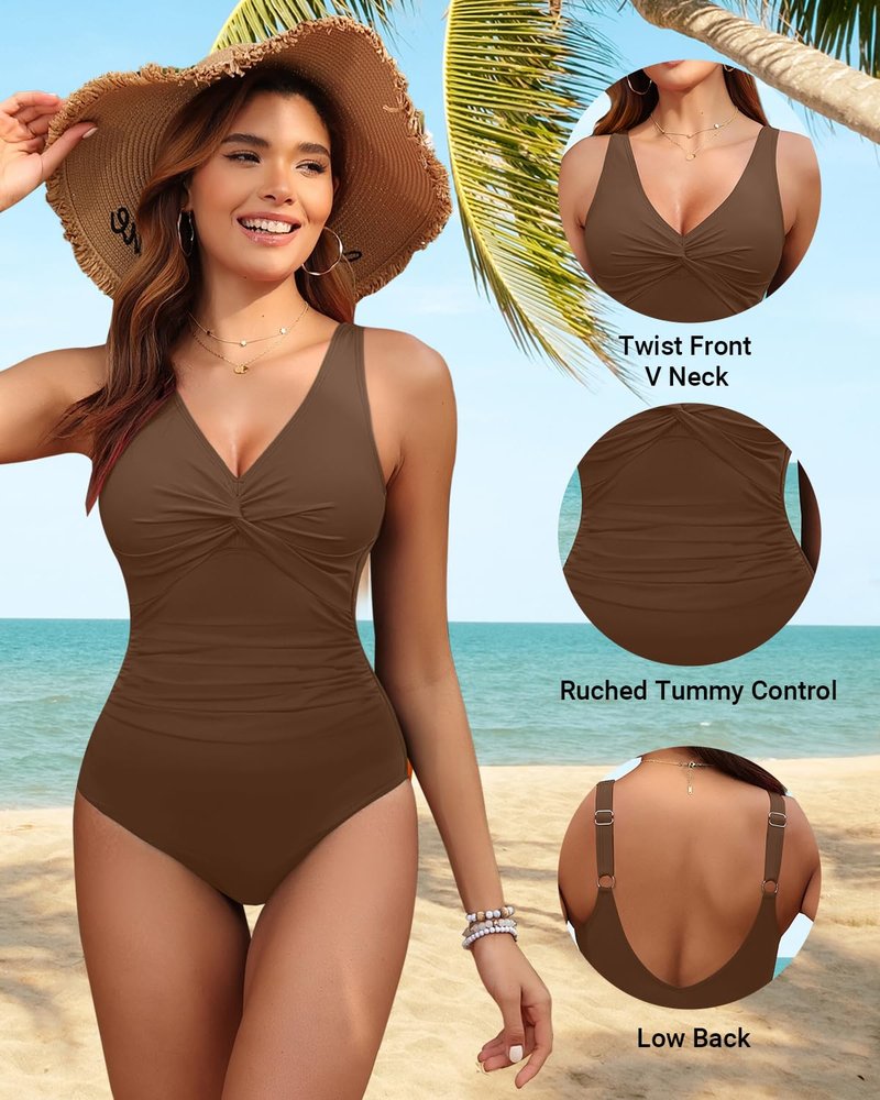 Holipick Brown Women Tummy Control One Piece Swimsuit - Push Up Bathing Suit Full Coverage Slimming Swimwear M