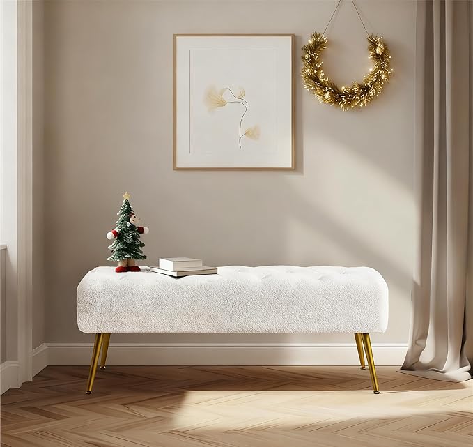 Yaheetech Modern Ottoman Bench Boucle Bench Upholstered Footrest for Living Room with Gold Metal Legs and Padded Seat Ivory
