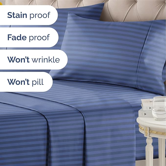 Striped Sheets - Blue Striped Sheets - 1 Flat & 1 Fitted & 2 Pillowcases w/ Deep Pockets – Comfy, Wrinkle & Fade Free - Ultra-Soft, Breathable & Cooling – Luxury Pinstripe Bedding - Queen Size Bed Set