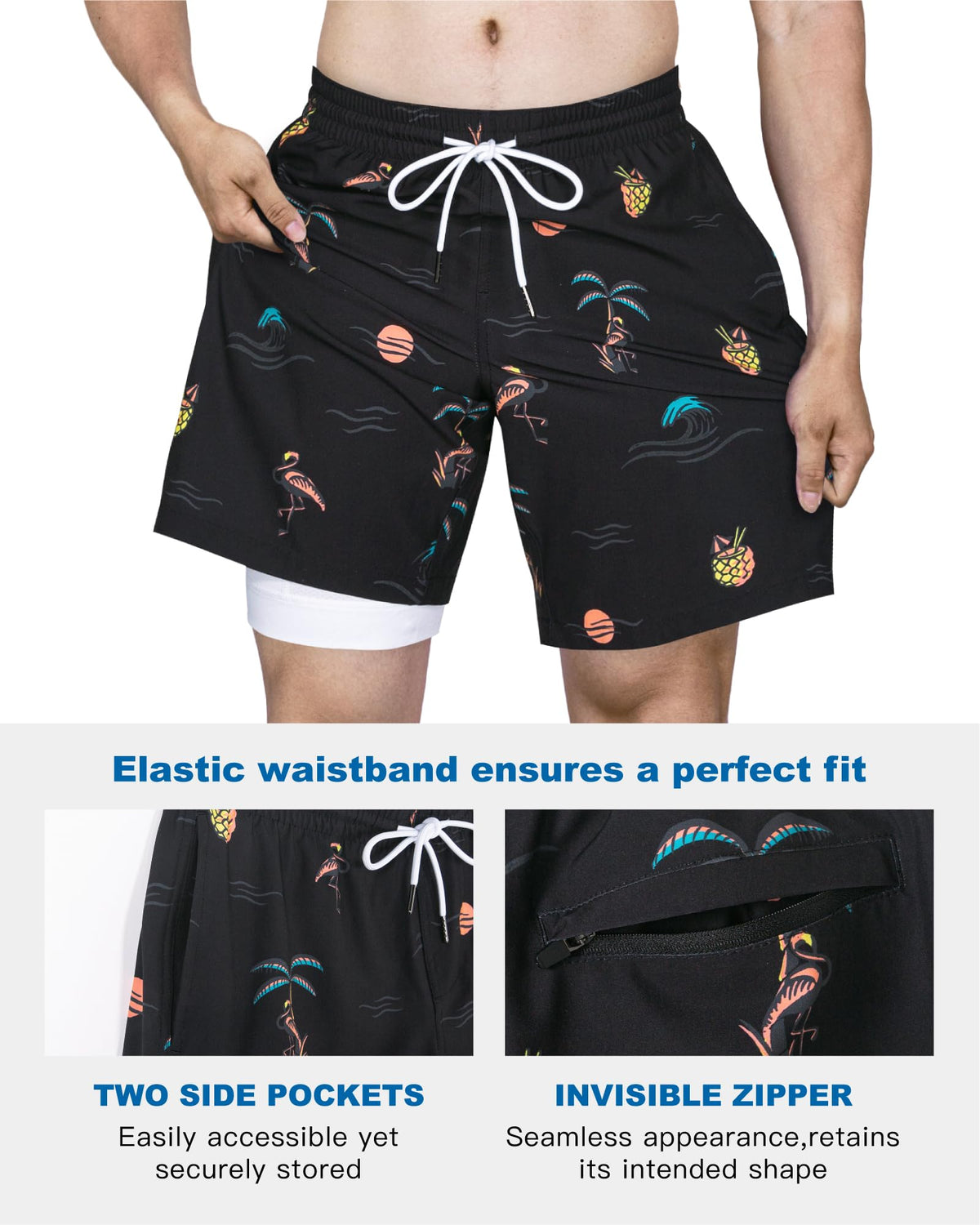 SURF CUZ Mens Swim Trunks with Compression Liner Quick Dry Swim Shorts 7" Swimming Trunks Stretch Bathing Suit Zipper Pockets,04 Tropic Nights,XL
