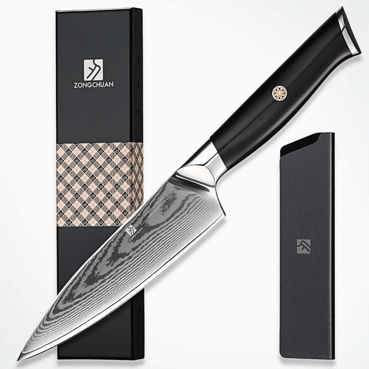 zongchuan 8-Inch Damascus Chef Knife, 67-Layer High Carbon Stainless Steel Kitchen Knife with Ergonomic Blue Black G10 Handle, Protective Sheath & Gift Box for Home and Professional Cooking