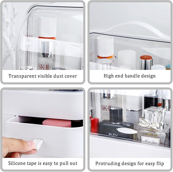 Nervure White Makeup Organizer - Cosmetic Storage Box with Lid - Makeup Organizer Storage Drawersr with Dust Free Cover and Portable Handle for Bathroom Countertop & Dresser & Gift
