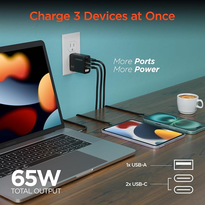 65W GaN USB-C Wall Charger PD 3-Port High Speed Compact Foldable Type C Charger Block for MacBook iPad Pro Galaxy iPhone International Travel-Ready