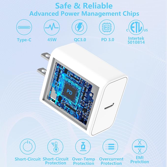 45W USB C Super Fast Charger Block 2Pcak with 6FT Long USB C Charging Cable | PD 3.0 Wall Charger Block with 6Ft USB C Cable Super Fast Charging for iPhone 17/16/15/Air GalaxyiPad Pro
