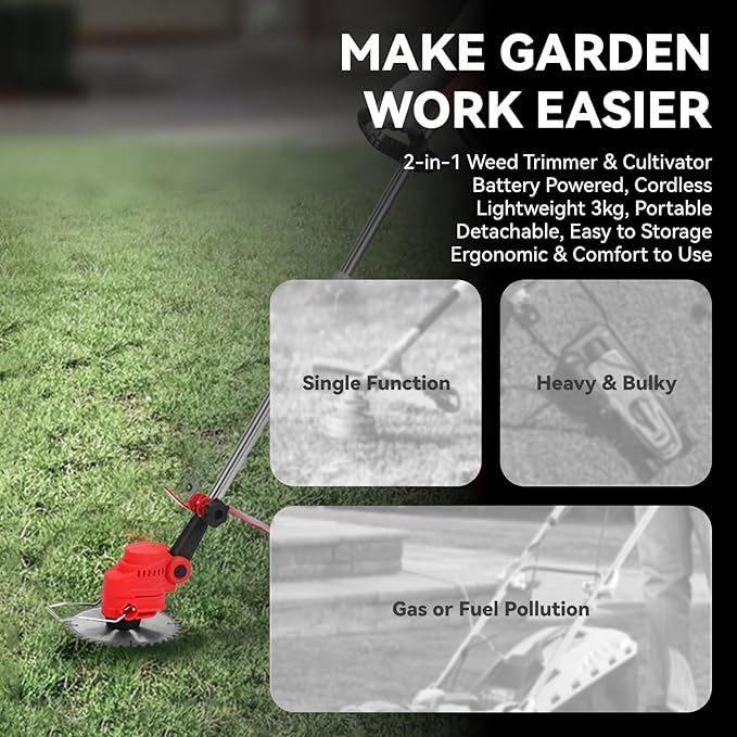 2 in 1 Cordless Tiller Cultivator & Electric Weed Wacker with 20V 2x4.0Ah Batteries & Charger, Electric Garden Tiller 300 RPM, 12-Inch Tilling Width, 8.7-Inch Depth Garden Rototiller