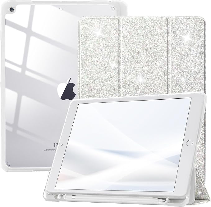 TiMOVO Case for iPad 9th/8th/7th Generation 10.2 inch Black | Pencil Holder Slim Trifold Stand Protective Cover Clear Transparent Back Shell Auto Wake/Sleep