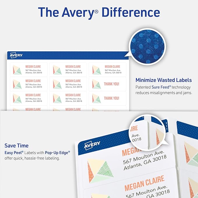 Avery Printable Return Address Labels with Sure Feed, 2/3" x 1-3/4", White, 1,500 Blank Mailing Labels (08195) (Pack of 5)