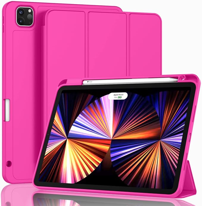 New iPad Pro 11 Inch Case 2022(4th Gen)/2021(3rd Gen)/2020(2nd Gen) with Pencil HolderSmart iPad Case [Support Touch ID and Auto Wake/Sleep] with Auto 2nd Gen Pencil Charging (Deep Pink)
