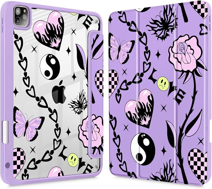 Case for iPad 12.9 Inch (6th/5th/4th/3rd Generation 2022/2021/2020/2018) Pencel Holder + Trifold Support Auto Sleep/Wake Transparent Shockproof Back Cover Abstract Floral SD163