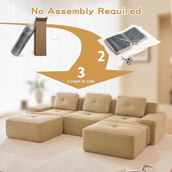 115" Modern Corduroy Cloud Sofa with Ottoman, U Shaped Boneless Modular Large Sectional Couches for Living Room, Camel 3 Seater Compressed Memory Foam Couch, Extra Deep Seat, No Assembly