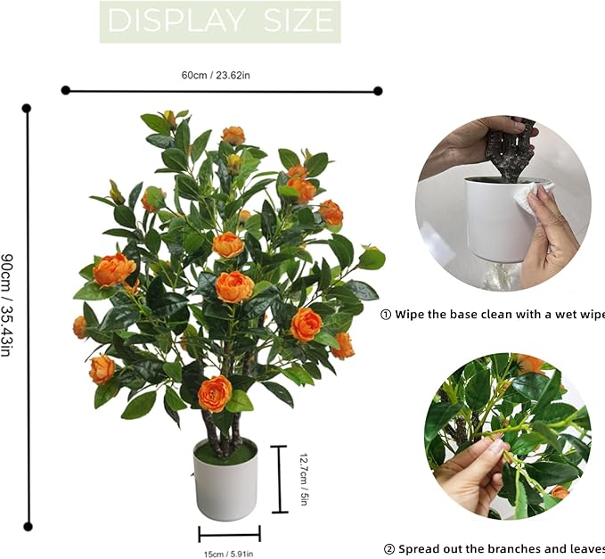 Artificial Camellia Tree 35in Faux Floral Plant with Orange Flowers and Green Leaves - No Maintenance Indoor Outdoor Office Home Porch Decor Housewarming Gift(2-Pack，Orange)