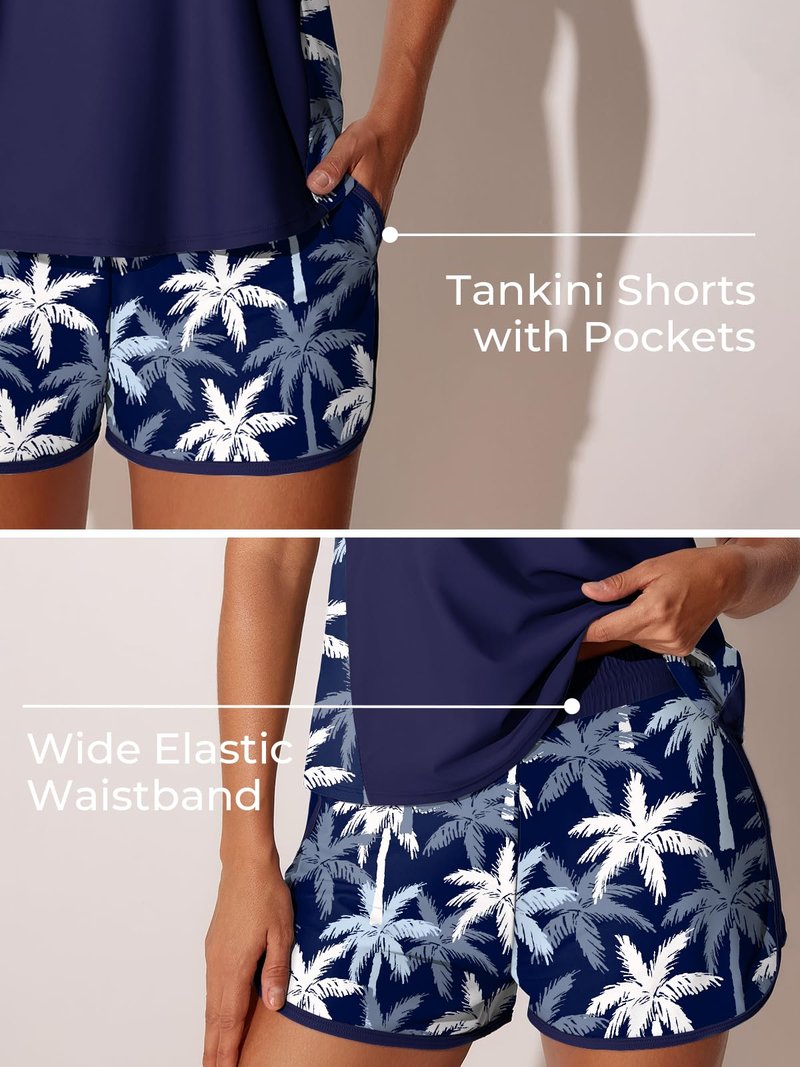 Summer Mae Blouson Tankini Swimsuits for Women 2026 Tummy Control Two Piece Bathing Suits with Sporty Pockets Swim Shorts Blue White Palms Size 14
