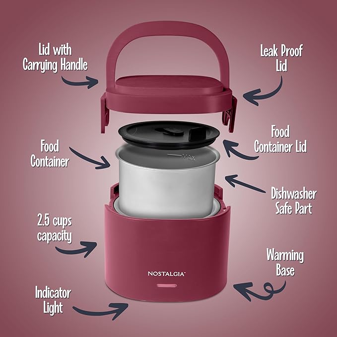 Nostalgia 20-Oz Heated Electric Lunch Box – Portable Food Warmer for Office, Travel, & Car - Perfect for Soup, Pasta, & Light Meals– Leak-Proof Lid, Foldable Handle, Detachable Cord – Cranberry