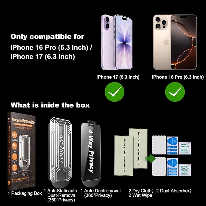 [2-Pack] 360° 4-Way Privacy Screen Protector Compatible with iPhone 17 Pro Max. Full Surround Anti-Spy 9H Hardness Anti-Fingerprint Bubble-Free. Includes Dust-Free Applicator &amp Replacement Fil