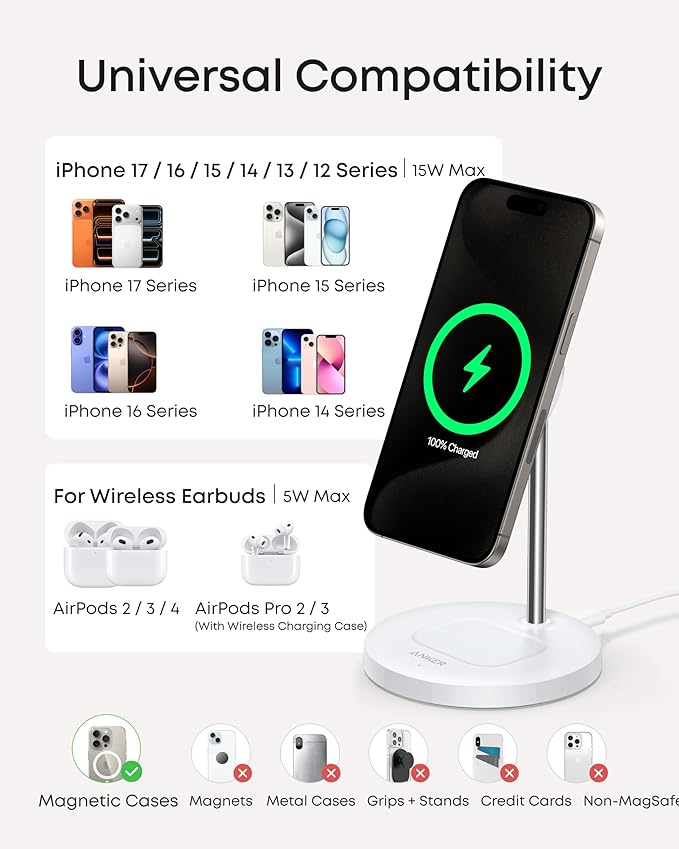 Anker MagSafe Compatible MagGo Charger Stand, iPhone 17 Wireless Charger, 2-in-1 Charging Station, Qi2 Certified 15W Fast Charging, for iPhone 17/16/15/14/13/12, AirPods Pro (White, No Adapter)