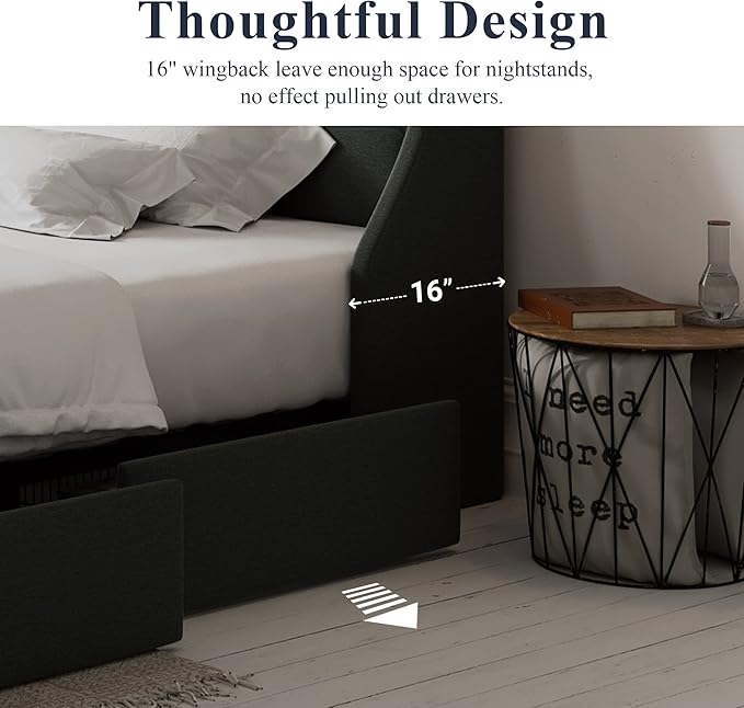 Allewie Full Size Bed Frame with 4 Storage Drawers and Wingback Headboard, Button Tufted Design, No Box Spring Needed, Dark Grey
