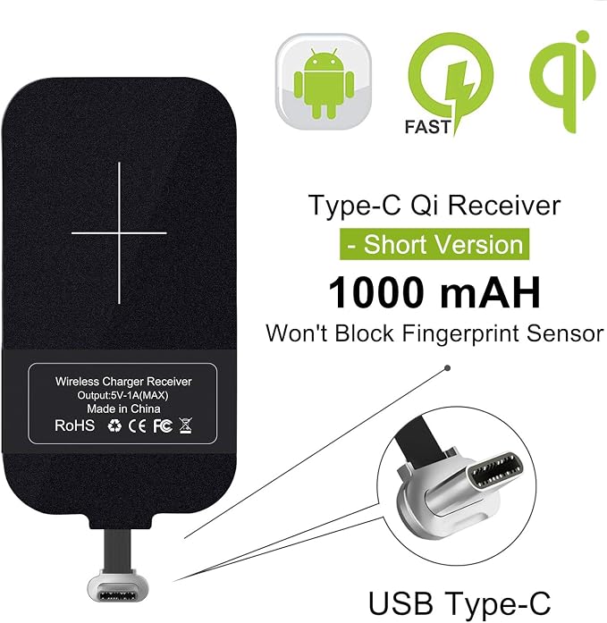 Nillkin Wireless Charging Receiver and Adapter Qi Wireless Charger Receiver Module for Google Pixel 3A XL Samsung Galaxy A13/A14/A15/A42 LG and Other USB C Phones Type C Long