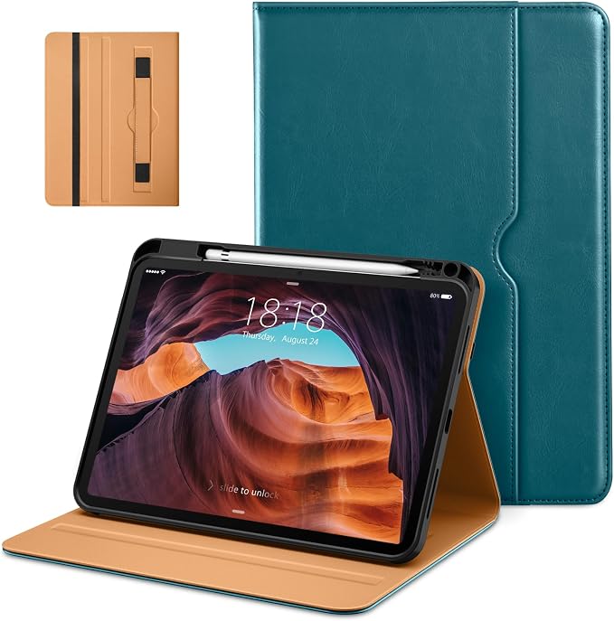DTTO for iPad (A16) 11th Generation 11-inch &amp 10th Gen Case Brown | Premium Leather Business Cover with Pencil Holder Hand Strap &amp Pocket Corner Protection Auto Sleep/Wake for Work &amp