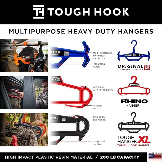 Tough Hook Original Xtreme Heavy Duty Hanger - The Superhero of Hangers USA-Made 200lb Capacity - Anti-Slip Design for Police Body Armor, Scuba BCD & Wetsuits - Durable ABS DuraResin, 1 Pack Black