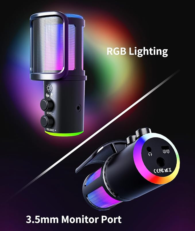 Gaming USB Microphone Kit with Boom Arm - RGB Condenser Mic with Noise Cancellation, Mute Button Reverb Adjustment, Monitoring for Streaming, Podcasting, Discord, YouTube