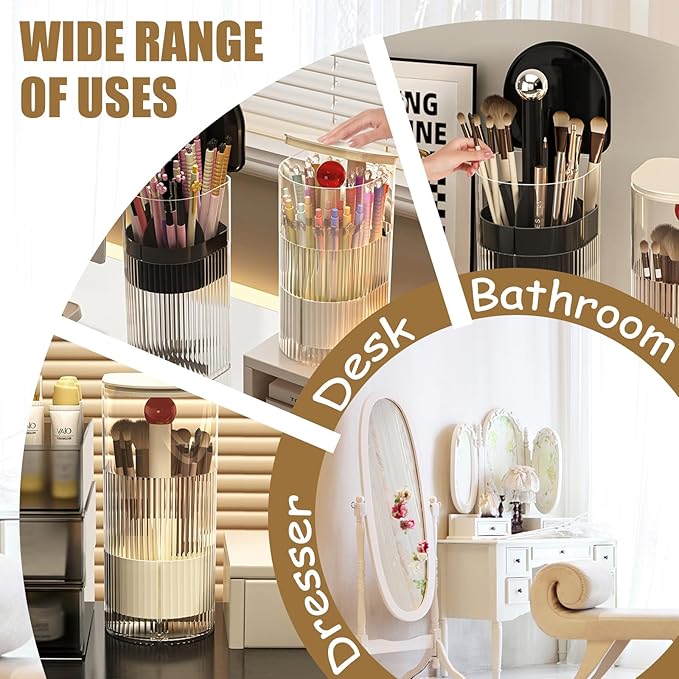 Makeup Brush Holder with Lid, One-Hand Press Open/Close Mechanism Cosmetic Tools Organizer, Clear Waterproof Dustproof Make Up Storage for Vanity, Bathroom Countertop-Black-Silver Ball
