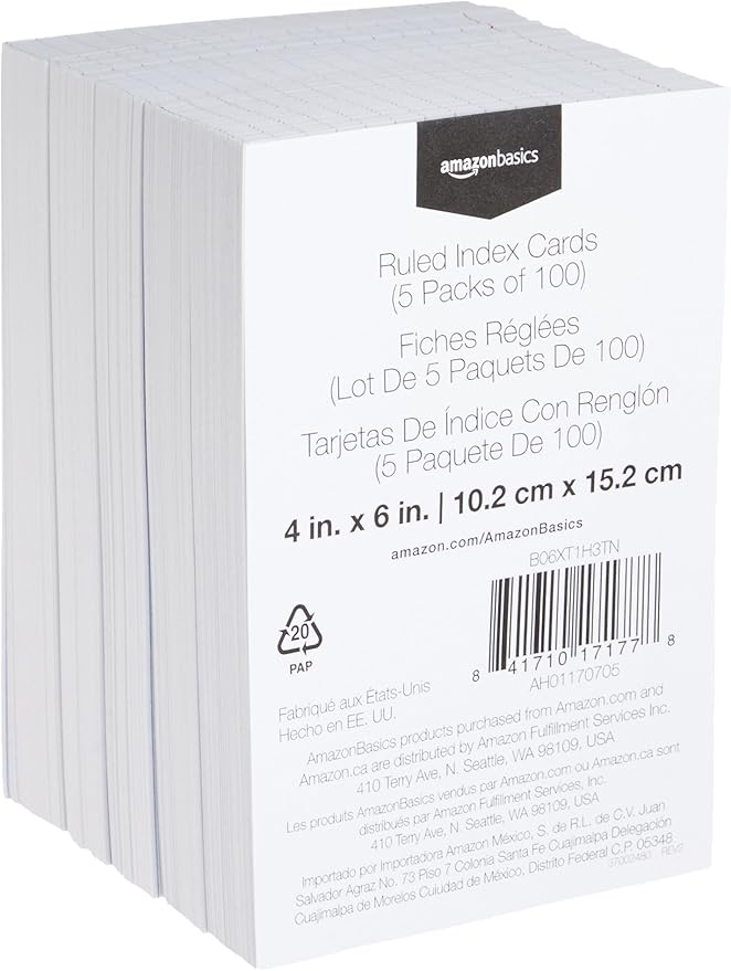 Amazon Basics Ruled Lined Index Cards for Notes, Studying, Flash Cards, White, 4" x 6", 500 Count (5 Packs of 100)