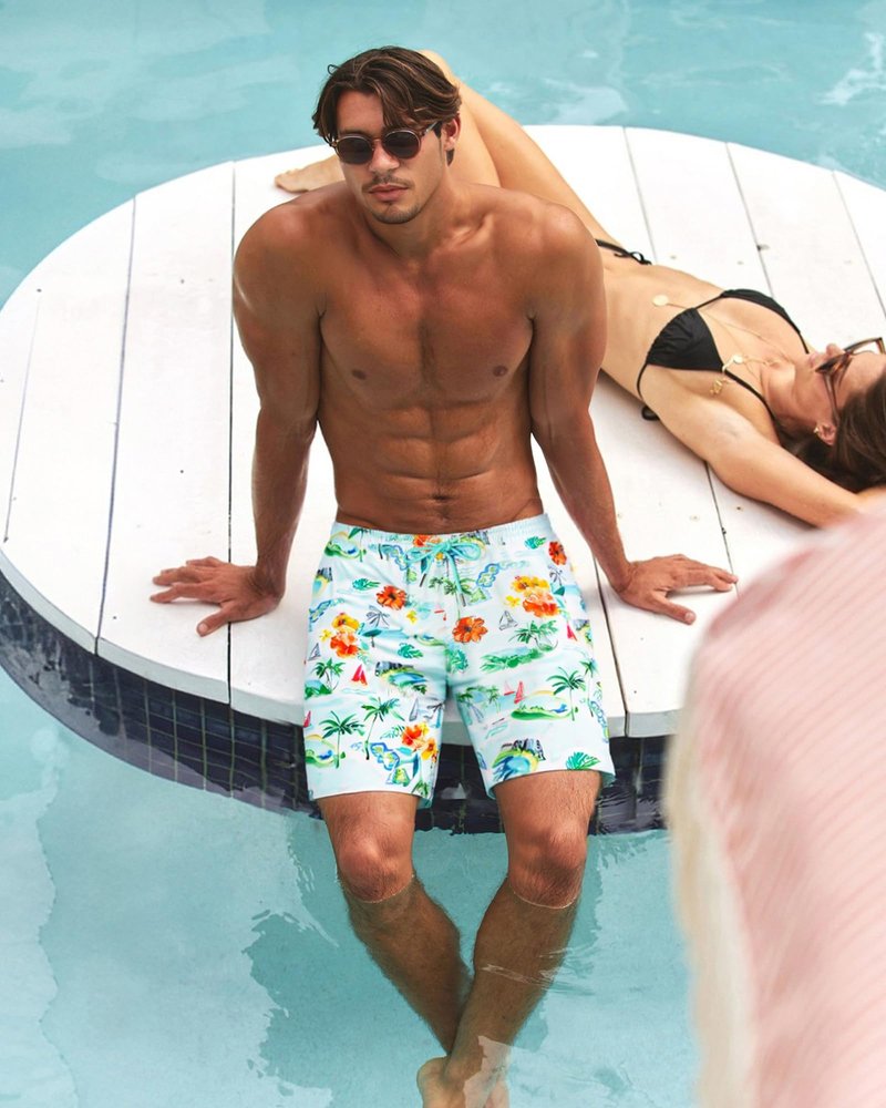 SURF CUZ Mens Swim Trunks with Compression Liner Quick Dry Swim Shorts 7" Swimming Trunks Stretch Bathing Suit Zipper Pockets,Tropical Breezers,XS