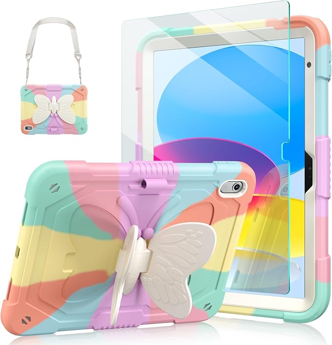 Ambison Kids Case for iPad A16 11th/10th Generation 11''/10.9'' Multicolor | 9H Tempered Glass Screen Protector Butterfly Stand Shoulder Strap Heavy DutyShockproof Pencil Holder