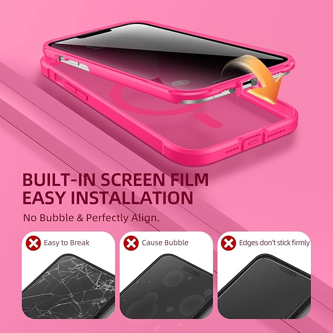 BERFY Magnetic for iPhone 13 Pro Max Case,Compatible with MagSafe,Built-in Privacy Screen Protector and Upgraded Camera Protection,Anti-Spy Full Body Shockproof Phone Case for 13 Pro Max 6.7",Hot Pink