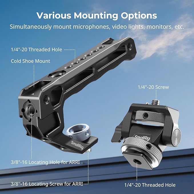 SMALLRIG Top Handle with Monitor Mount Kit, with 3/8"-16 Locating Holes for ARRI, 5 Built-in Cold Shoe, 360° Swivel and 180° Tilt Adjustable Monitor Holder with Thumbscrew, Anti-Twist Design - 5322