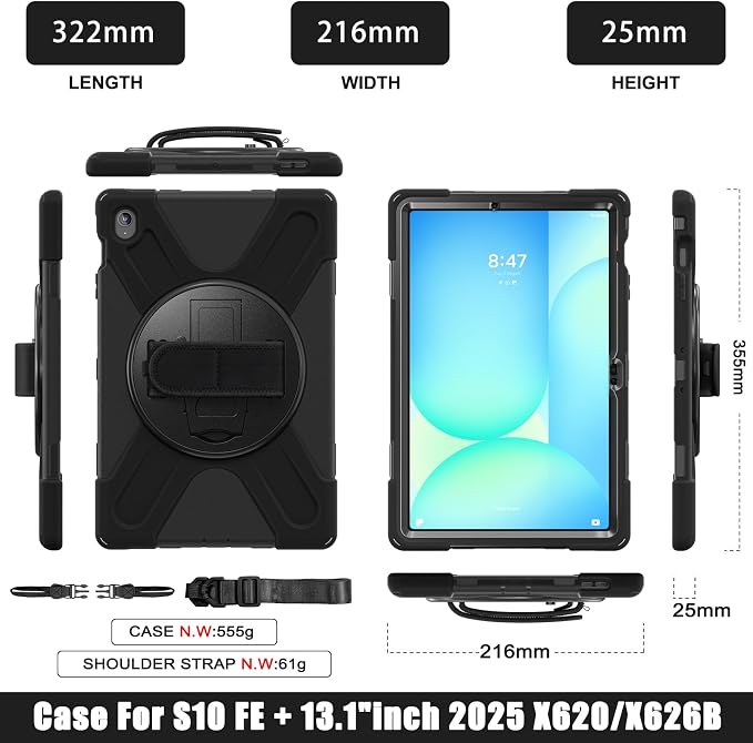 Case for Galaxy Tab S10 FE+ 13.1 2025 with Screen Protector+360 Rotating Hand Strap&ampStand+Shoulder Strap (Black)