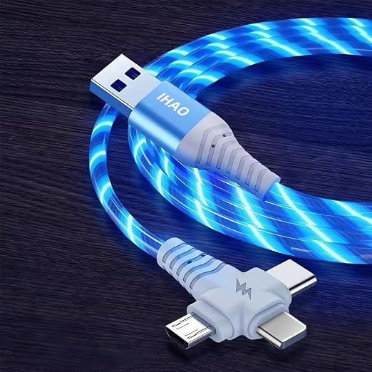 IHAO Multi Ports Light-Up USB Cable USBA to USBC/MicroUSB Cable Durable Fast Charging Cable with Visible Current Flow As Night Light Use-3in1 Blue