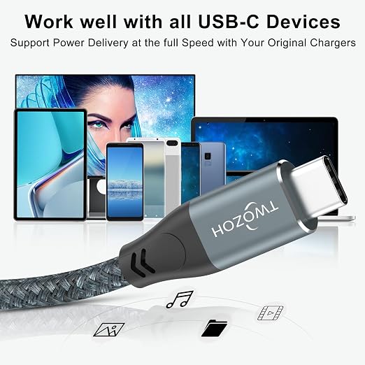 Twozoh USB C to USB C 3.2 Gen 2 Cable 20Gbps Data Transfer 100W PD Fast Charging 4K Video Output Monitor Cord (10FT Grey) 2-Pack