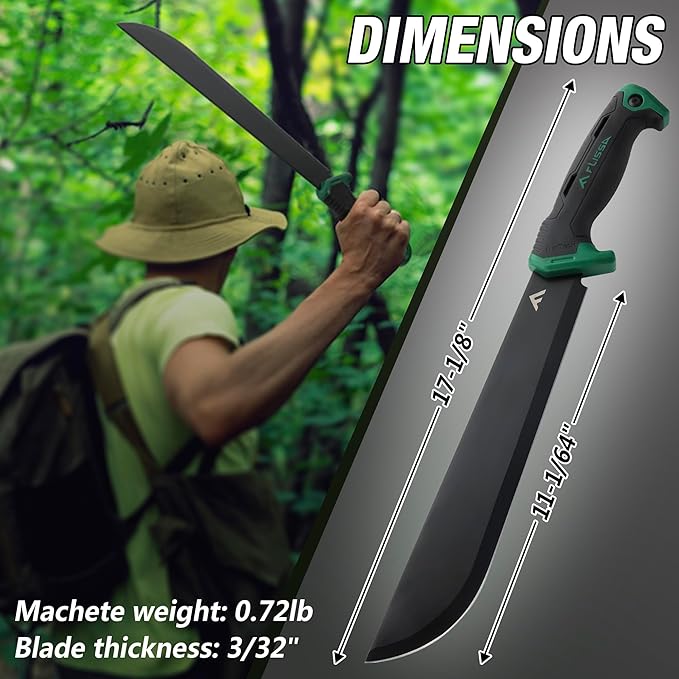 FLISSA 11'' Machete for Yard Work, Ergonomic Air Tech Handle and Lightweight Sheath, Stainless Steel Machete Knife for Gardening, Bushcraft, Hunting