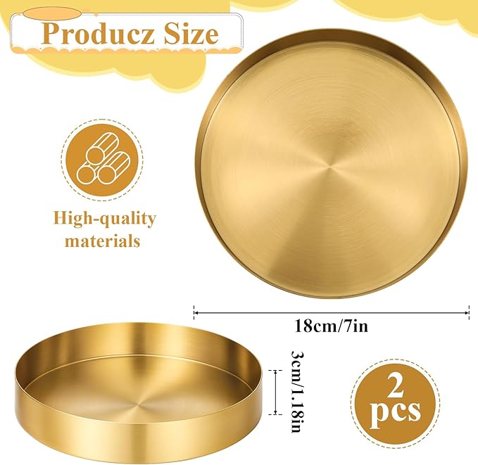 2 Pcs 7 Inch Round Gold Tray, Stainless Steel Metal Decorative Tray Vanity Trays Makeup Organizer, Coffee Table Trays for Jewelry Perfume Candle Kitchen Tableware