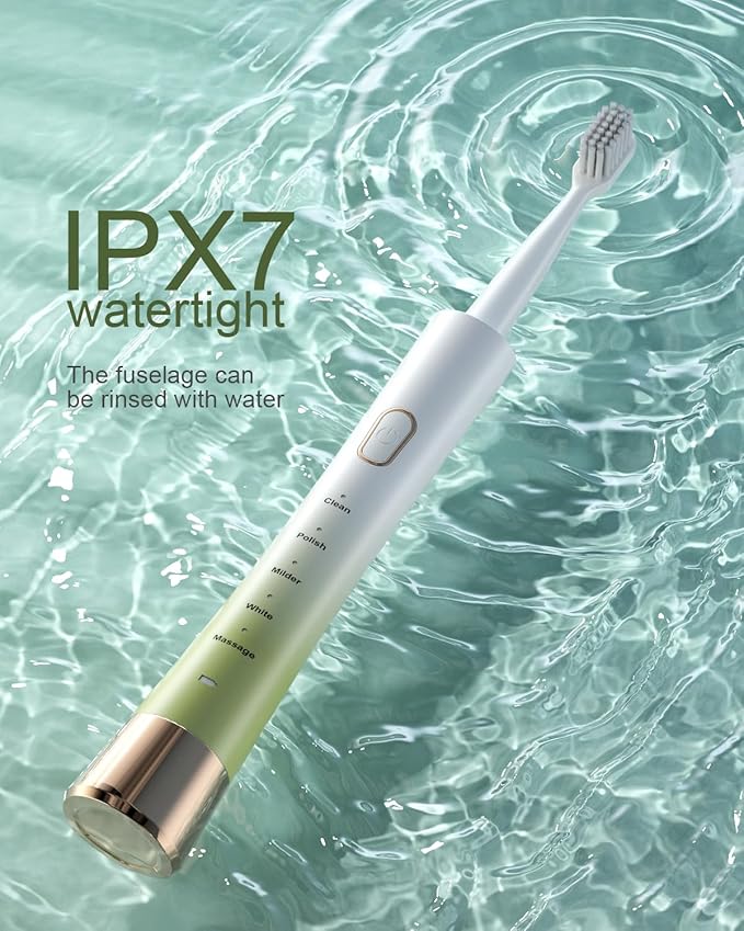 AJELU Upgrade Sonic Electric Toothbrush for Adults, 8 Replacement Brush Heads, Rechargeable Electric Toothbrush with 2-Minutes Timer IPX7 Water-Proof, for Indoor & Outdoor, White & Green Gradient