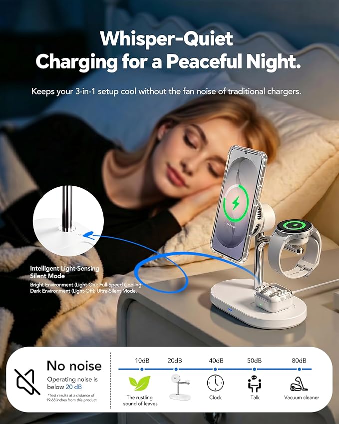 Qi2.2 25W 3 in 1 Mag-Safe Charger with TEC Active Cooling Charging Station | Qi 2 Wireless Charger Fast Charging for iPhone 17-8Galaxy S26/Note/Z Fold Flip8Apple/Samsung WatchPods/Buds(45W Adapter)
