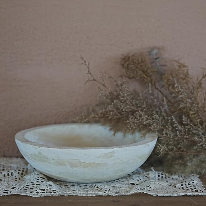 Hand Carved Wooden Decorative Bowl for Home Entryway Decor, Wood Centerpiece Bowl for Coffee Table Decor, Wood Dough Bowl for Farmhouse Decor (Whitewashed)