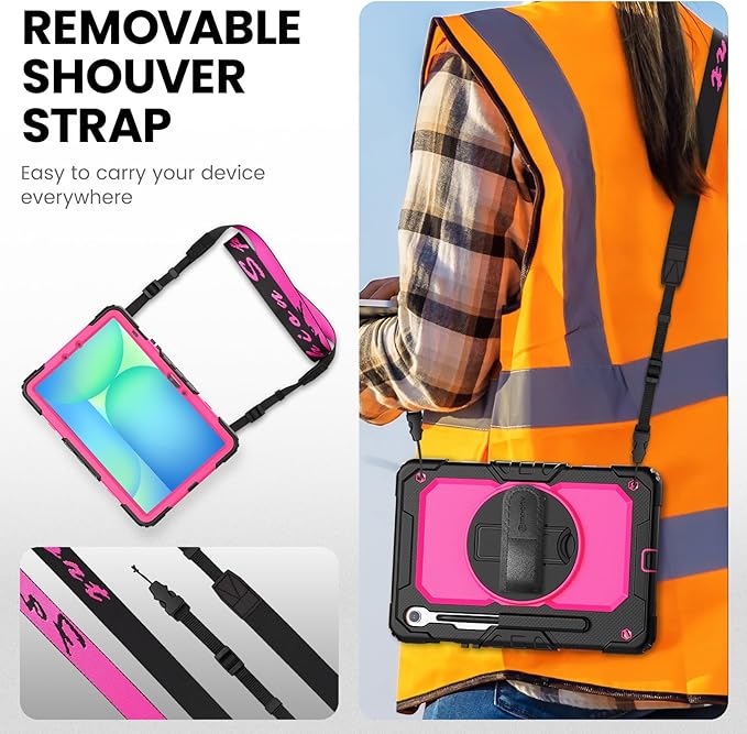 Timecity Case for Samsung Galaxy Tab S10 FE/ S9 FE 5G 10.9 Inch/ S9 11 Inch - Heavy Duty Protective Cover with Screen Protector, Rotating Stand, Shoulder Strap & S Pen Holder | Kids-Friendly, Rose