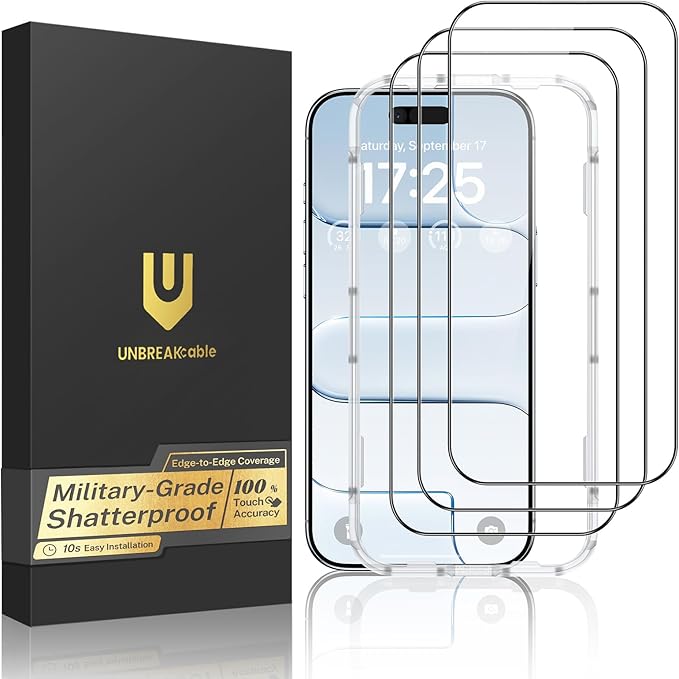 UNBREAKcable 3-Pack Screen Protector for iPhone 15 Double Shatterproof Tempered Glass [Easy Installation Frame] [99.99% HD Clear] [9H Hardness] [Full Coverage] [Case Friendly] for Apple 15 6.1 inch